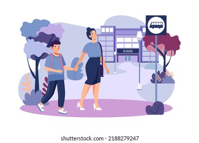 Madre caminando hijo para ir a la escuela Concepto de ilustración sobre fondo blanco