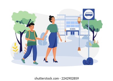 Mother Walking Son To Drop To School