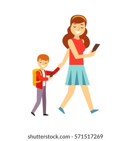 Mother Walking Son To School Both Looking At Smartphone Screen, Person Being Online All The Time Obsessed With Gadget