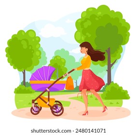 Mother walking stroller. Babysitter or mom walk with baby pushchair in summer park, young mum push child carriage mommy pushing pram kid buggy wagon, ingenious vector illustration