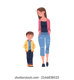 Mother Walking and Talking to Her Puzzled Son Supporting and Soothing Him Vector Illustration