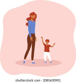 Mother walking and talking with her son, son raising up his hands to mom having a good time with her kid, motherhood, parenting concept vector Illustration