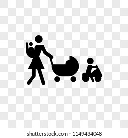 Mother walking with three babies vector icon on transparent background, Mother walking with three babies icon