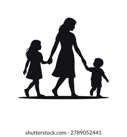 Mother Walking with Two Children Holding Hands Silhouette Vector, Mother's Day