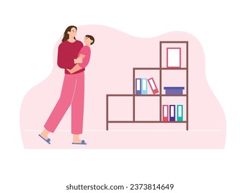 Mother is walking while holding a baby girl in the living room, a parenting activity at home for children every day. Character design. Vector flat illustration
