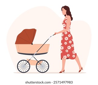 A mother walks with a baby in a stroller. Baby carriages, strollers for walks. Baby carriages, cradles on wheels. Vector illustration