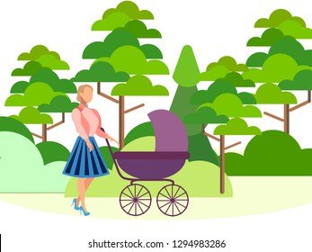 Mother walks in the forest with a baby carriage. Can use for web banner, infographics, hero images. In minimalist style. Flat isometric vector illustration