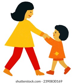 Mother walks hand in hand with child