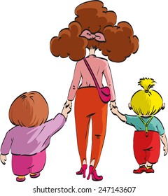 Mother walks hand in hand with her children.