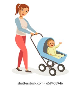 Mother walks with son in blue baby carriage isolated illustration