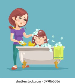 Mother wash her daughter. Vector flat cartoon illustration