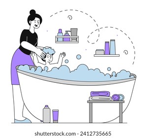 Mother washes child linear. Woman with kid in bath with soap bubbles. Hygiene and cleanliness. Household chores and routine. Mom care about son in bathroom. Doodle flat vector illustration