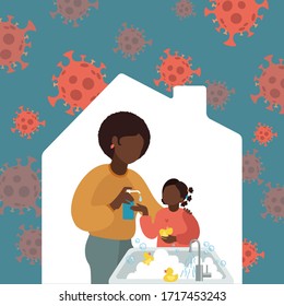 Mother washes the girl's hands with liquid soap. Vector illustration African american mom and daughter. Wash your hands and be healthy. Stay at home concept. Red virus around. Coronavirus alert.