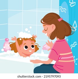 Mother Washes Her Baby In Bathroom. Baby Girl Taking Bubble Bath With Foam All Over The Body And On The Head. Mom Bathing Kid, Child In Large Tub. Kids Hygiene.