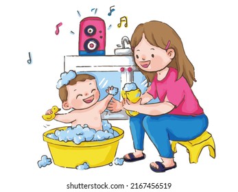 Mother washes her baby's hair while playing fun music.