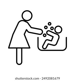 Mother washing baby in bath tub icon linear logo mark in black and white
