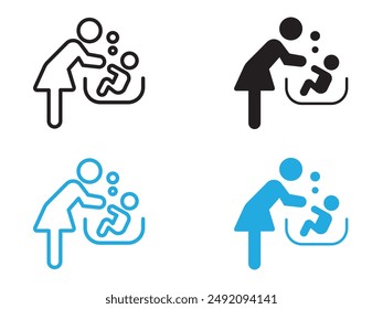 Mother washing baby in bath tub icon black and white vector outline sign