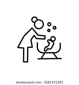 Mother washing baby in bath tub icon Thin line art isolated
