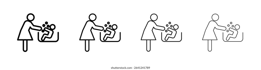 Mother washing baby in bath tub icon Outline sign symbol set