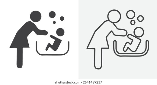 Mother washing baby in bath tub icon Line graphics illustration