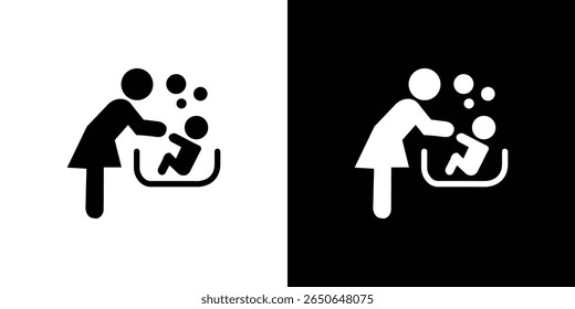 Mother washing baby in bath tub icon Isolated flat vector in outline