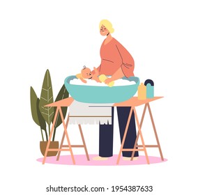 Mother washing baby in little bath. Cartoon female bathing infant kid in water with foam. Mom wash newborn son or daughter caring of small child. Flat vector illustration