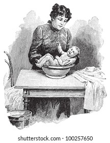 Mother washing her baby / vintage illustration from Die Frau als hausarztin 1911