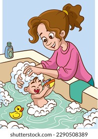 mother washing her little child in the bathroom cartoon vector