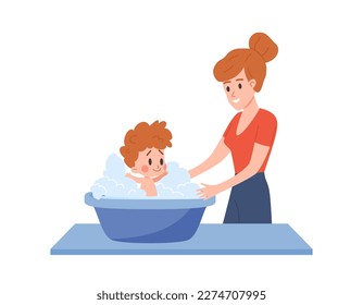 Mother washing little baby in basin, cartoon flat vector illustration isolated on white background. Cute toddler or infant taking foamy bath. Concepts of shower and hygiene for kids.