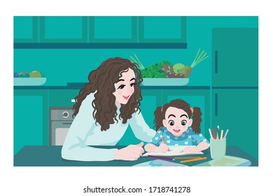 Mother watched her child doing activities related to learning at home. Vector cartoon illustration