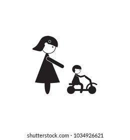 mother watches the child on a bicycle icon. Illustration of family values icon. Premium quality graphic design. Signs and symbols icon for websites, web design, mobile app on white background