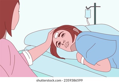 A mother watching over her little daughter in a hospital. Illustration.