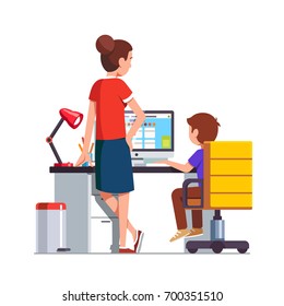 Mother watching over shoulder son kid doing homework on desktop computer sitting at office desk. Mother helping her school student boy. Flat cartoon vector illustration isolated on white background.
