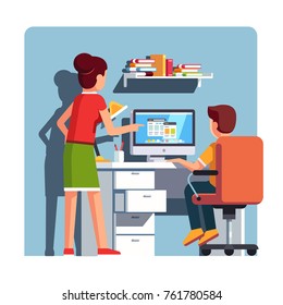 Mother Watching Over Shoulder Son Kid Doing Homework On Desktop Computer Sitting At Office Desk. Mother Or Tutor Helping School Student Boy. Flat Cartoon Vector Isolated Illustration.