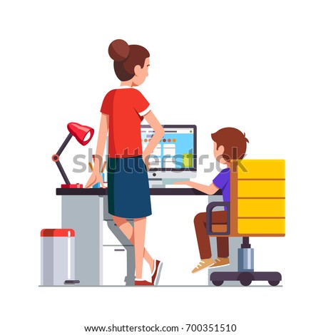 Mother watching over shoulder son kid doing homework on desktop computer sitting at office desk. Mother helping her school student boy. Flat cartoon vector illustration isolated on white background.