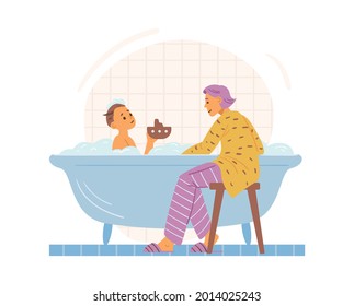 Mother watching and playing with child in bathtub, flat vector illustration isolated on white background. Everyday hygiene and daily routine procedure.