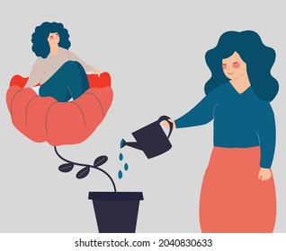 Mother watering and growth flower in which her daughter sits. Woman cares about the her girl. Tutor cares about the children. Concern for each others. Mental health, education, parenting concept.