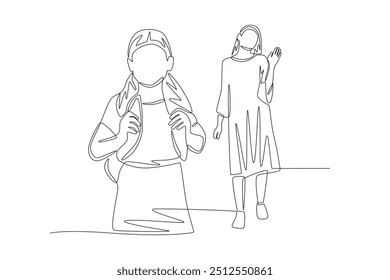 Mother waves goodbye to child as he leaves for school. Saying goodbye to their children concept one-line drawing