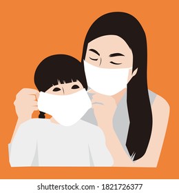 MOTHER WEARED THE MASK TO THE CHILD VECTOR ILLUSTRATION, NEW NORMAL CONCEPT.