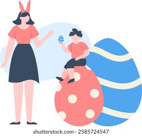 Mother wearing bunny ears and son holding a painted egg celebrating Easter, sitting on giant decorated Easter eggs, enjoying family time together during spring holidays