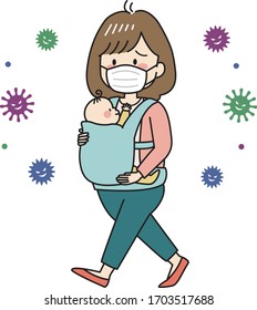 Mother wearing a mask for virus protection with her baby