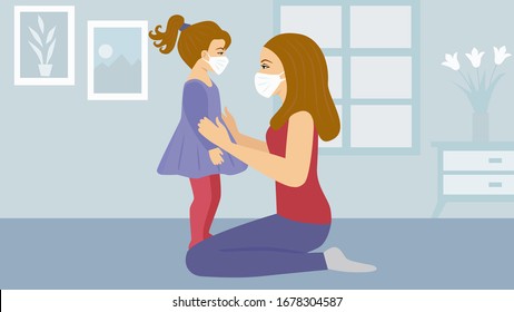 Mother wearing medical mask protection for her daughter at home. Stop the infection. Coronavirus quarantine. Stay at home. Health care. Mask against infectious diseases, influenza, air pollution