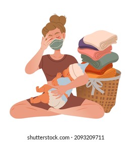 Mother wearing protective mask breastfeeding her baby. Compelled Isolation due to Covid 19 Pandemic vector illustration