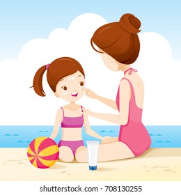 Mother Wearing Sunscreen On Daughter Face On The Beach, Facial, Beauty, Cosmetic, Makeup, Healthy, Body, Protection, Skin