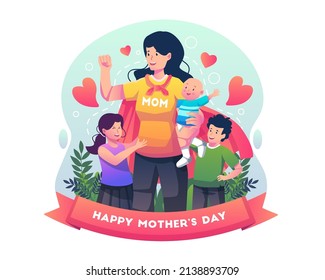 Mamá está usando una capa de superhéroe y sosteniendo a un bebé. Supermamá celebra el día de la madre con sus hijos. Ilustración vectorial de estilo plano