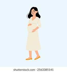 mother wearing white dress walking illustration