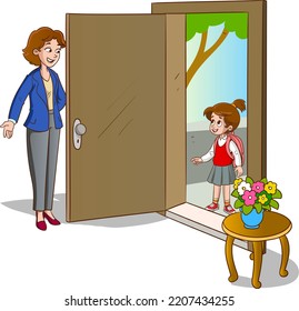 mother welcomes her daughter at the door