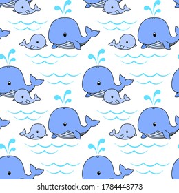 Mother whale and baby whale swim on the waves, cute blue whales on a white background. Vector seamless pattern for wrapper, wrapping paper, packaging, kid's wallpaper, printing on textile and clothes