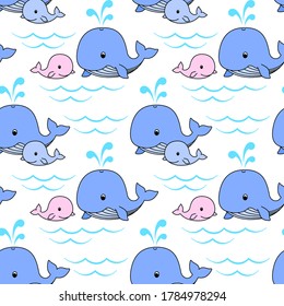 Mother whale and baby whale swim on the waves, blue and pink whales on a white background. Vector seamless pattern for wrapper, wrapping paper, packaging, kid's wallpaper, printing on fabric, clothes