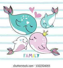 Mother whale, father and children. Cute whale family